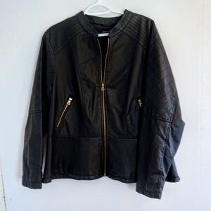 New Look Black Leather Jacket with Quilted Sleeves